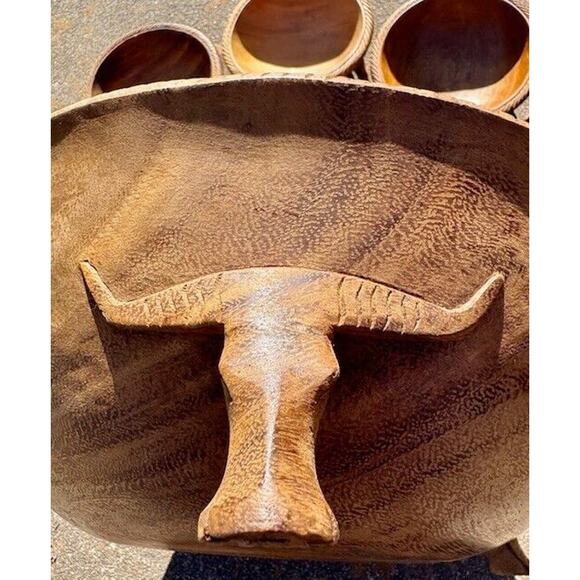 Vintage Monkey Pod Wood Salad Bowl Set Hand Carved Triple Feet Water Buffalo - Picture 6 of 10